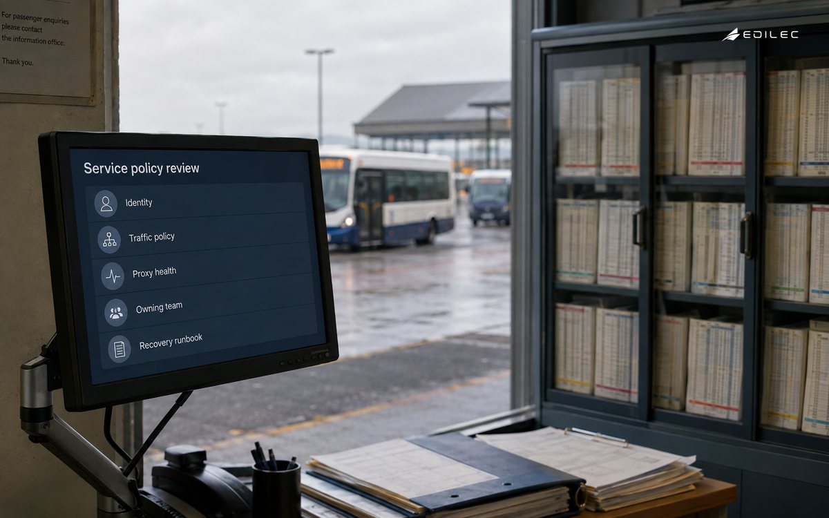 A transport service office reviews service identity, traffic policy and recovery ownership.