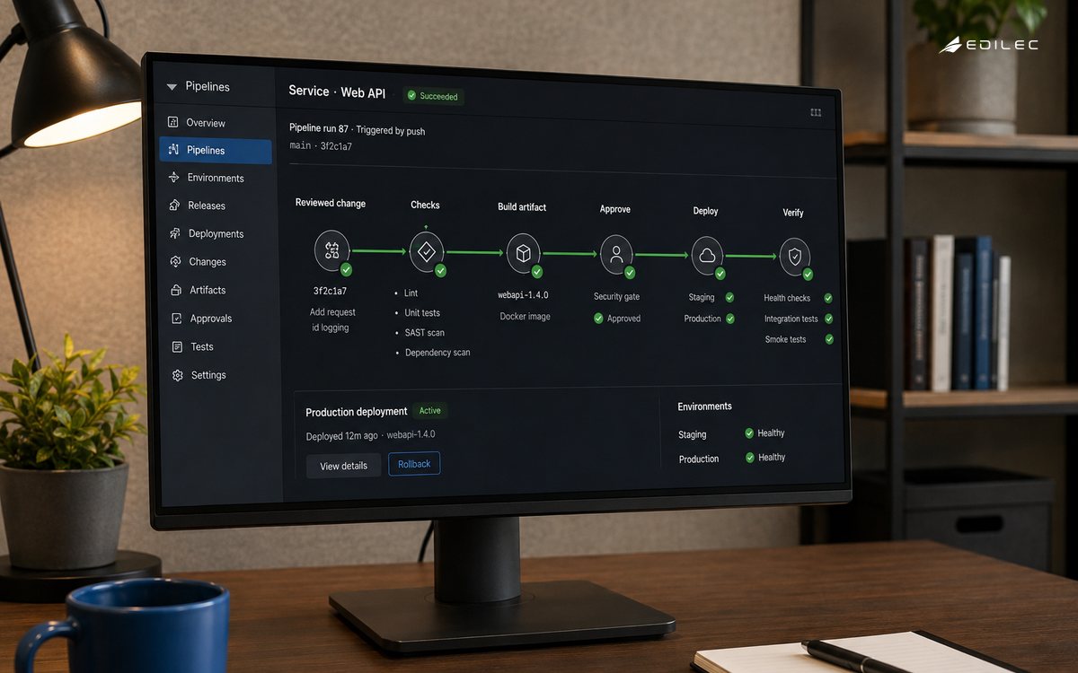 Three-quarter photo of opaque monitor on weighted stand in a release engineering alcove, screen about60 percent. Detailed fictional pipeline canvas tracks one reviewed change through artifact approval and reversible rollout, no commands.