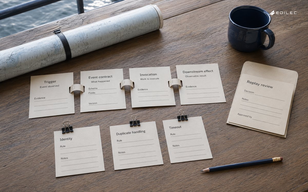 Paper event-contract and invocation records sit beside a separate replay-review envelope.