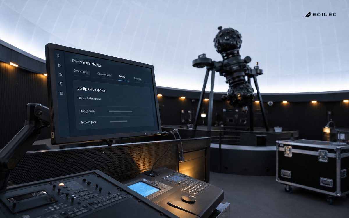 A planetarium preparation room shows desired and observed configuration with change review and recovery context.