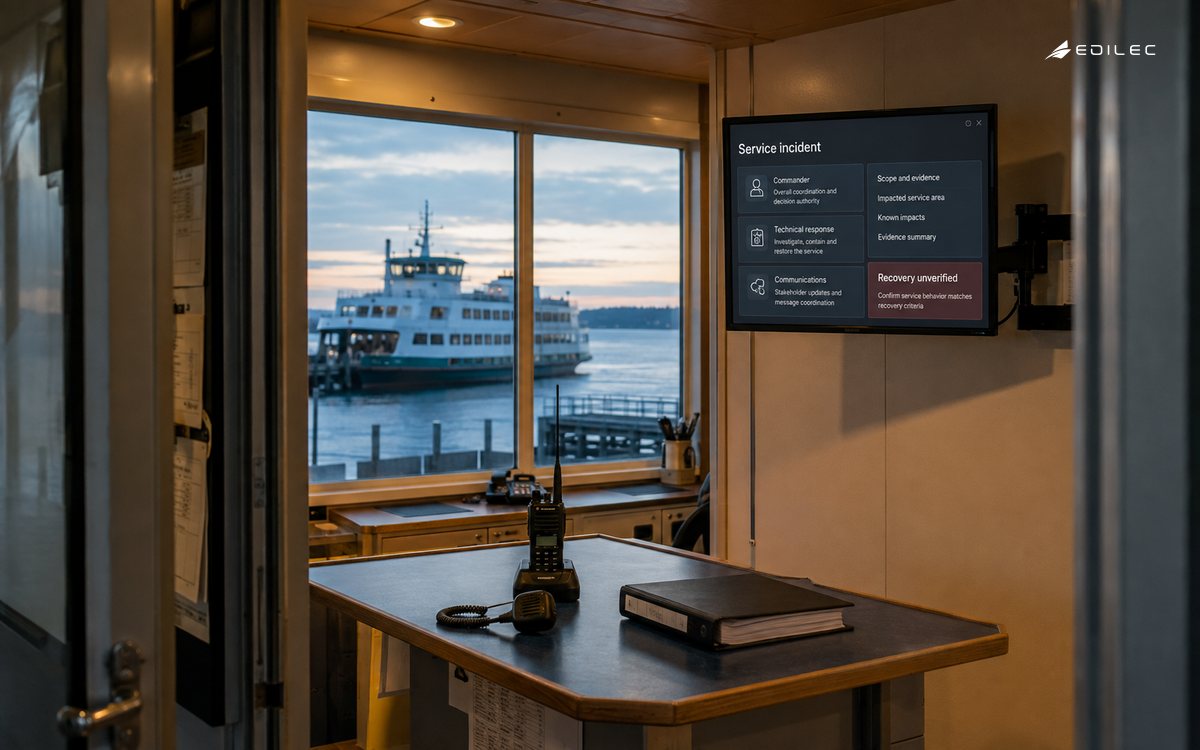 A ferry service coordination room keeps response roles and unverified recovery visible.