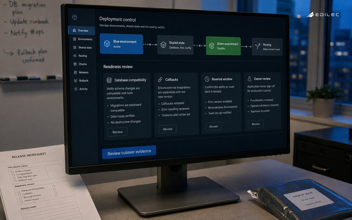 A blue-green deployment review keeps the current route while shared-state evidence is assessed.