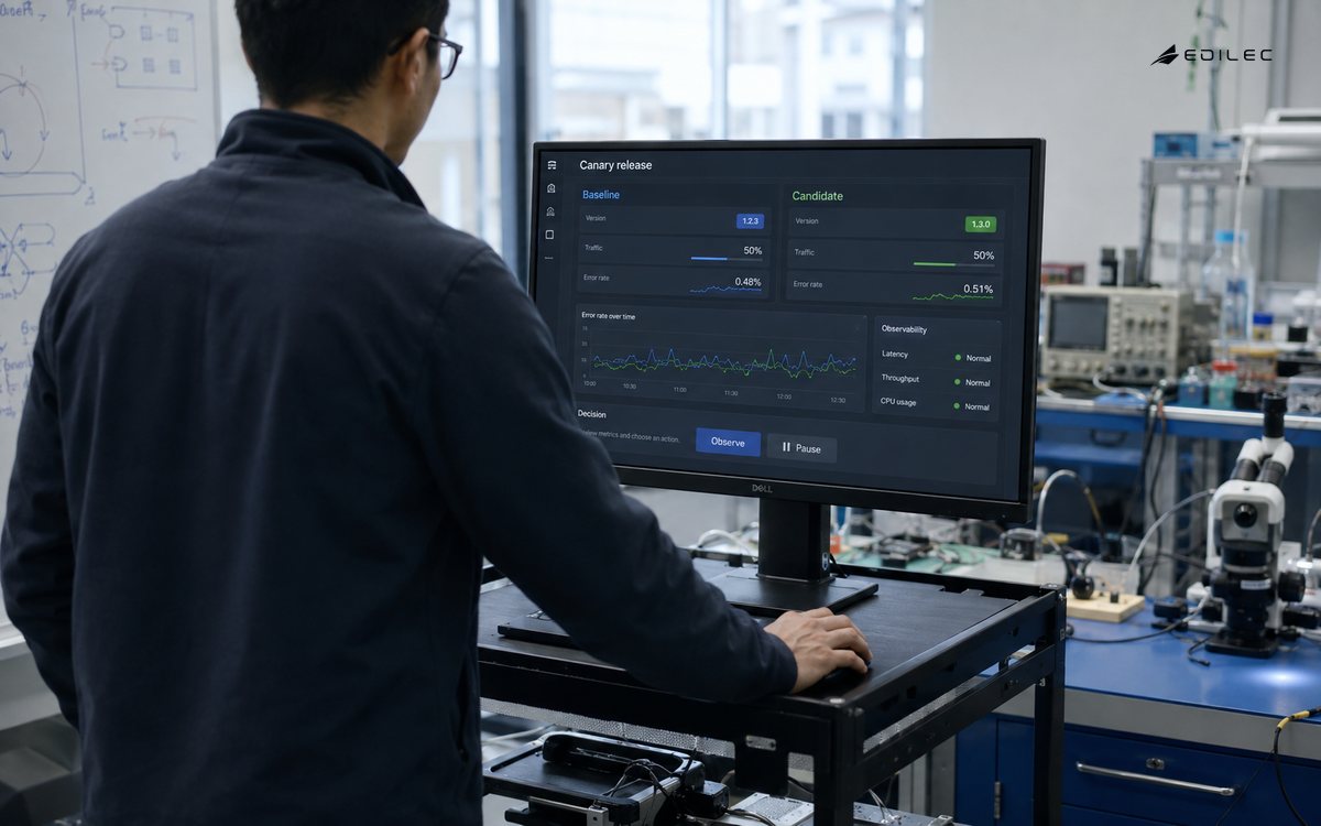 Editorial view of an engineer standing at a mobile lab workstation, one hand using the mouse beside a firmly mounted monitor; cool daylight.