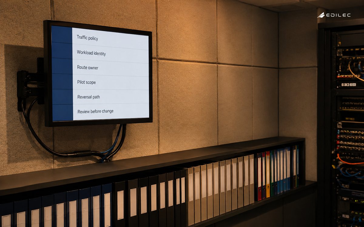 A broadcast technical room connects traffic policy to route ownership and a reversal path.