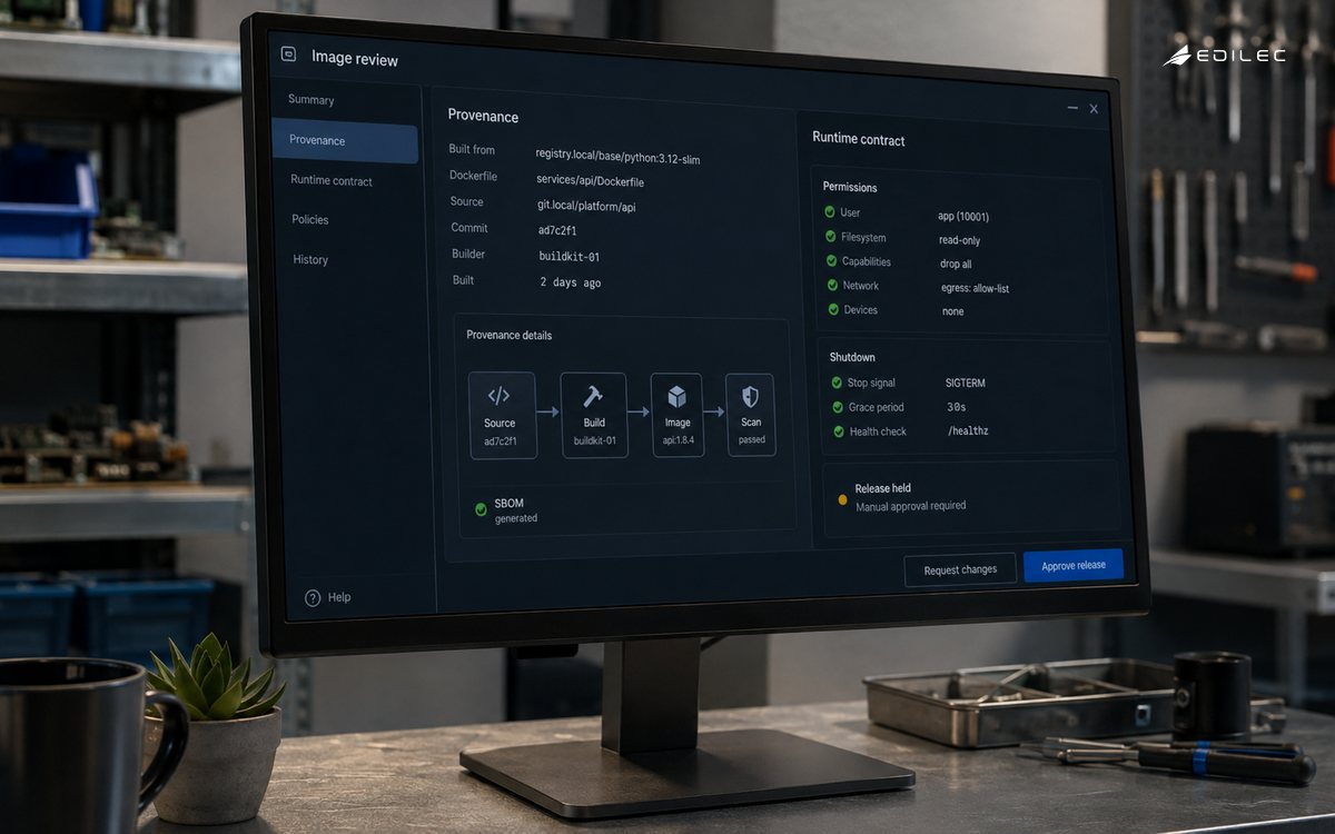 Editorial view of an ordinary manufactured monitor on a solid metal stand in a small software build lab, realistic dark interface with provenance inspector and runtime checklist.