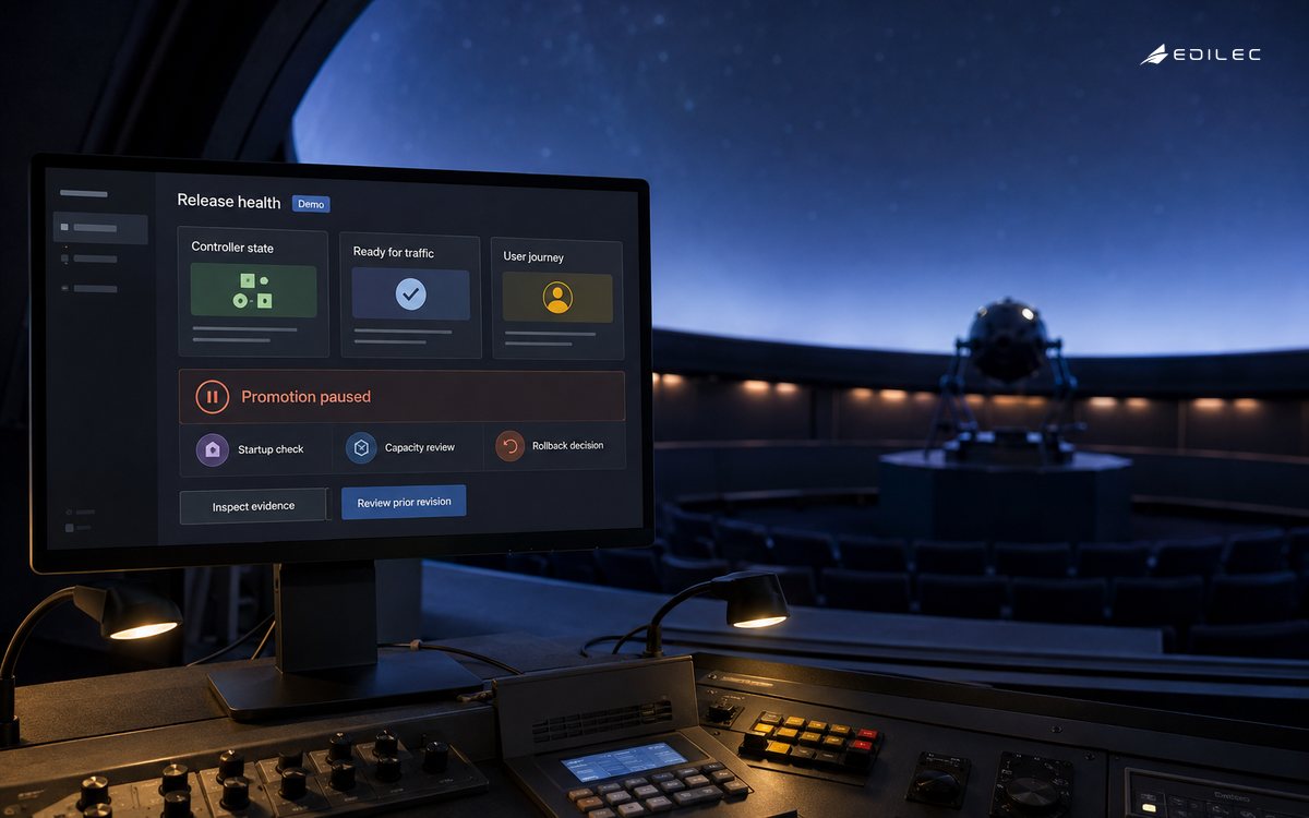 A planetarium control station shows a paused promotion with controller and user-health evidence kept separate.