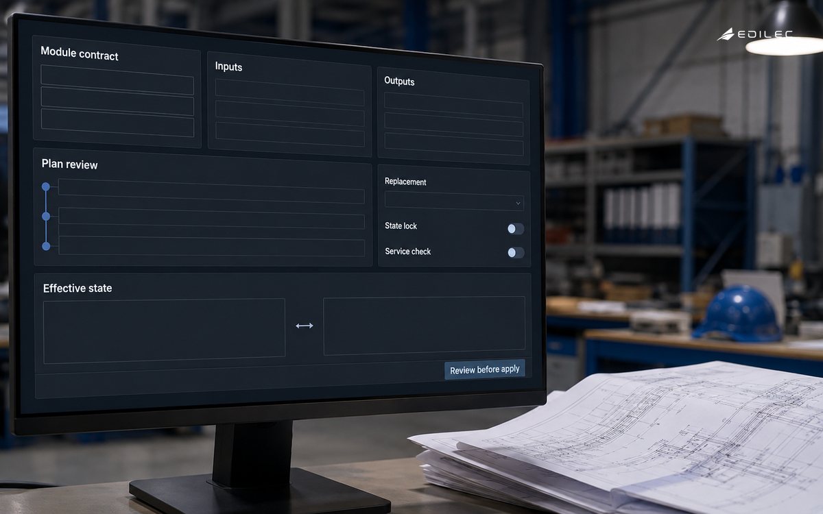 A module-review screen shows empty contract, plan and effective-state panels beside architecture drawings.
