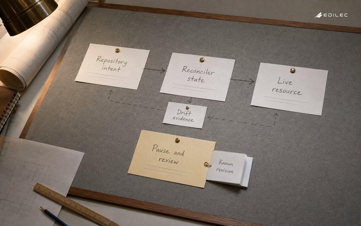 Paper cards distinguish repository intent, reconciler state and live resources beside a pause-and-review control.