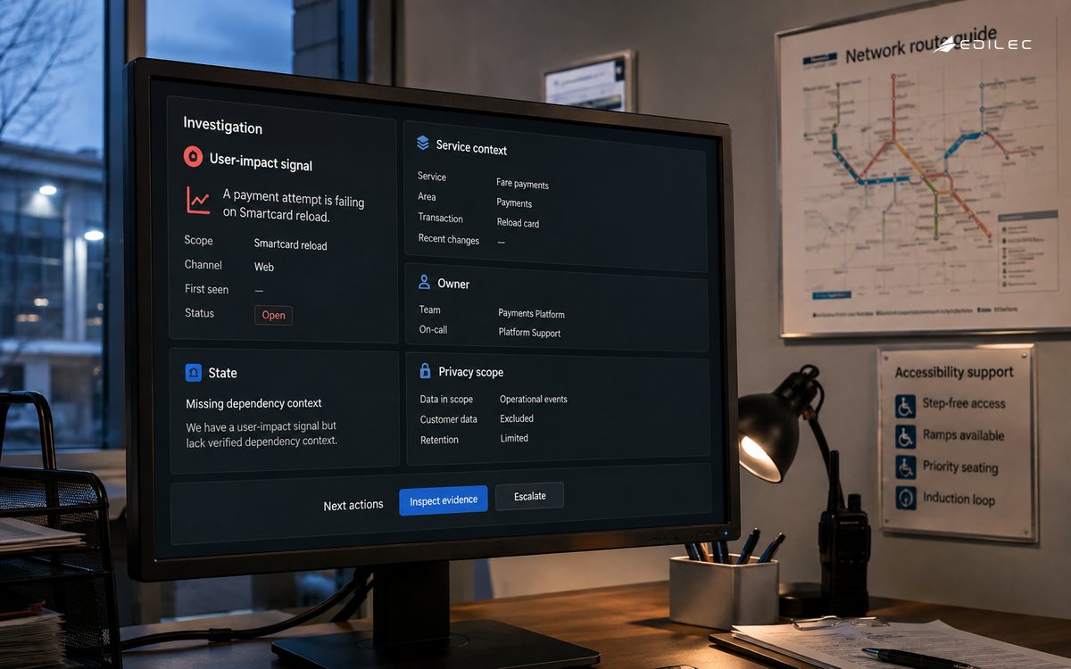 An investigation view connects a user-impact signal to context and ownership.