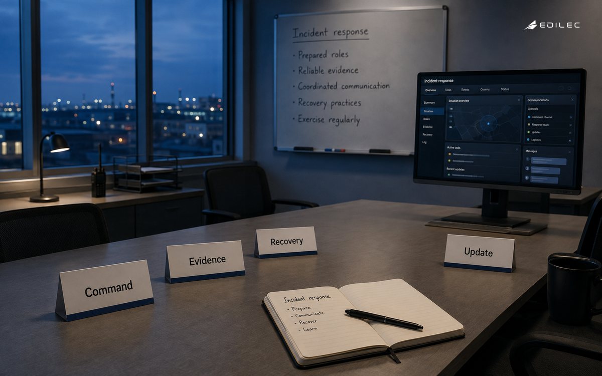 Wide blue-hour photograph of an incident coordination room, empty central table with roles cards and communication notebook, one modest supported monitor.