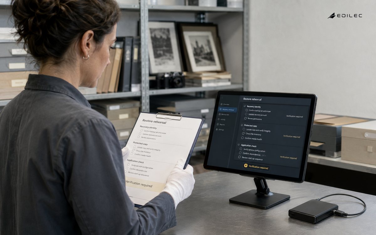 Standing conservator at a digital photo archive checking a recovery runbook beside a supported opaque tablet and disconnected archival drive.