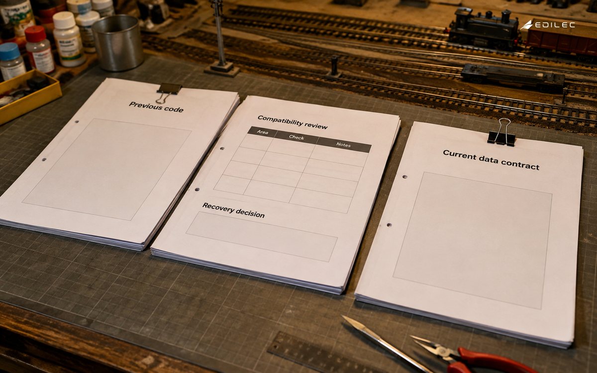 Angled close photo of paper release packets on a model-railway workshop worktable.