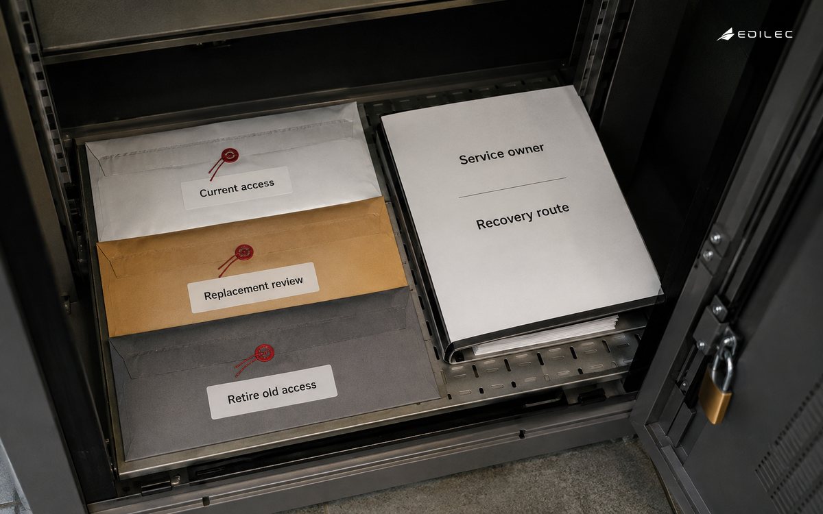 Close overhead photo of a secured operations cabinet with sealed credential custody envelopes and a maintenance binder on a metal shelf.