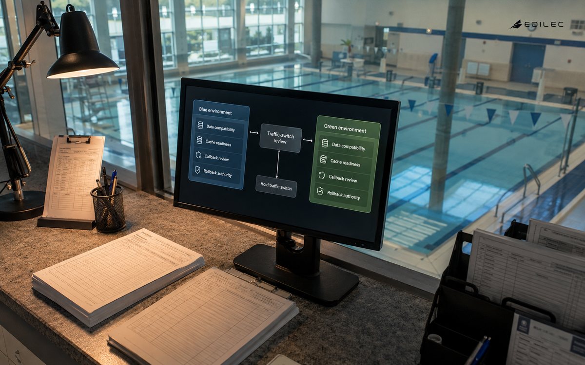 An aquatic-centre office holds a traffic switch while environment compatibility is reviewed.