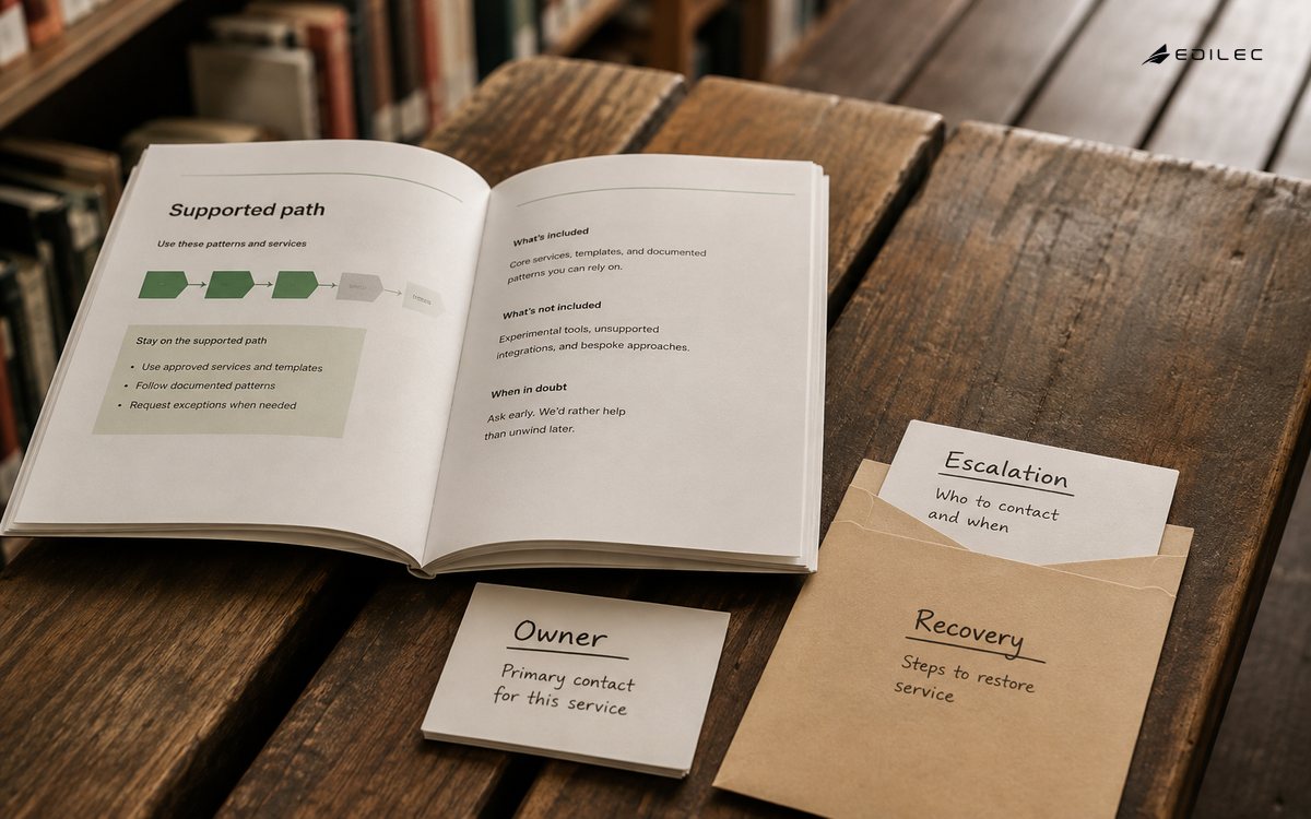 Tactile low-angle photograph of an internal developer onboarding guide opened beside a service owner card and recovery envelope on a library bench, no screens.