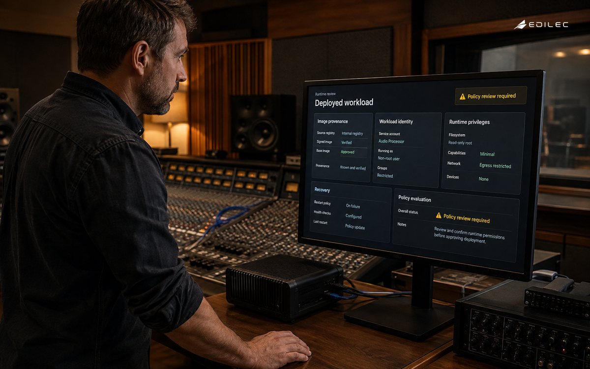 Standing audio studio technician comparing deployment record with a supported opaque terminal beside a compact securely housed computing unit.