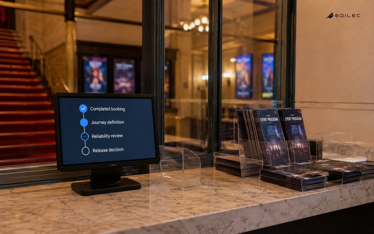 Wide photograph of a public event box office, empty ticket trays and program leaflets.