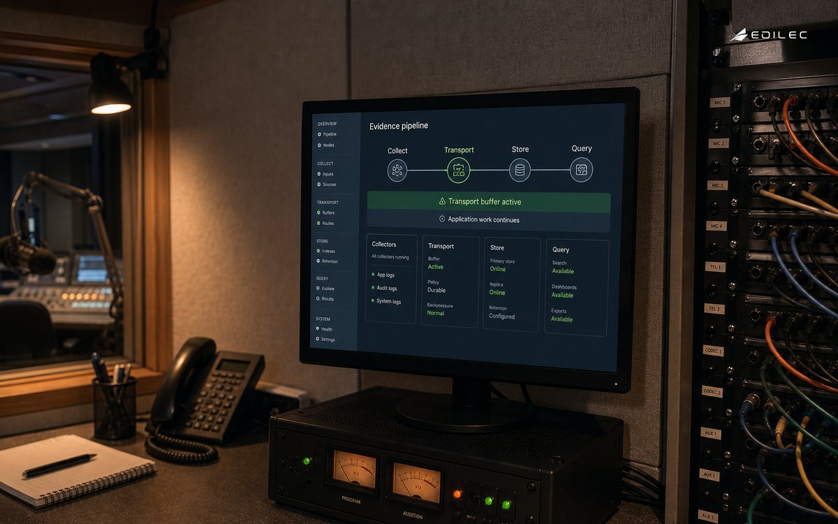 Wide photo of a small public-radio engineering monitoring alcove with acoustic panels and physical audio cable patchbay.