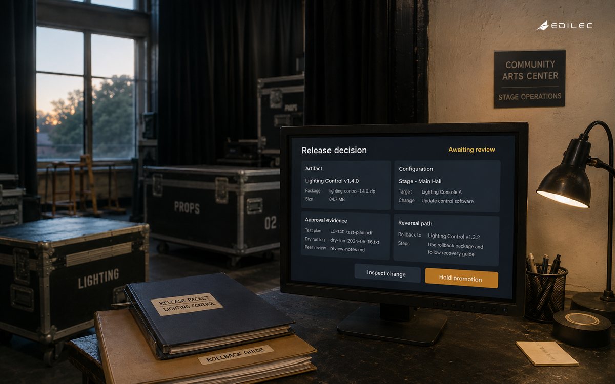 A stage-operations planning nook shows an artifact and configuration awaiting release review.