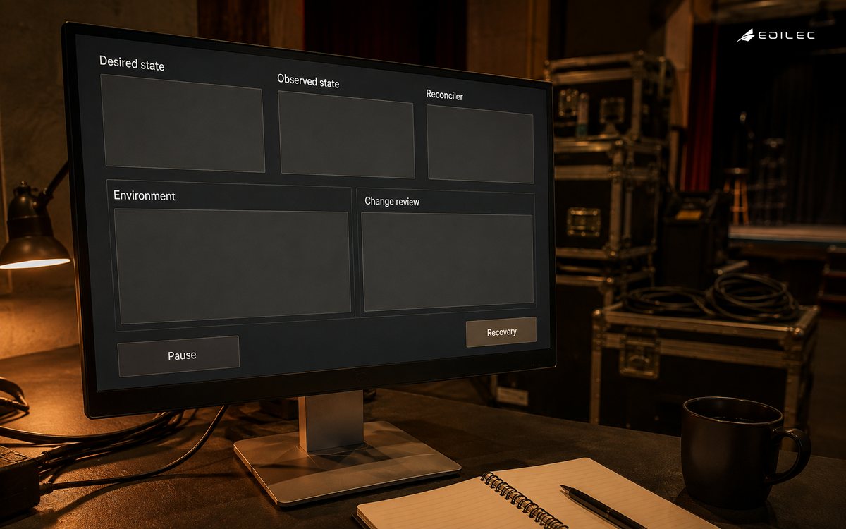 A configuration planning display separates desired and observed state, pause and recovery.