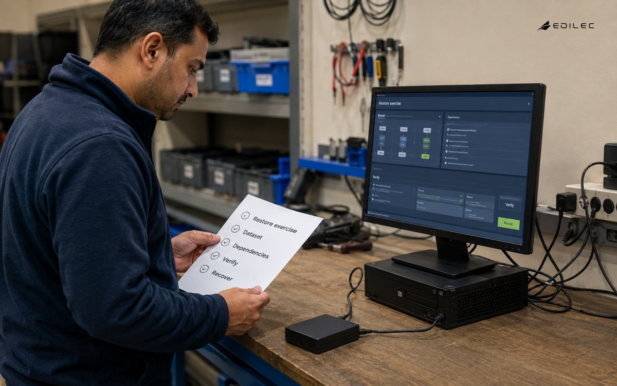 Low side-action photograph of a standing technician checking an external backup drive connected to a grounded bench computer while comparing a restore checklist; no readable device brands.
