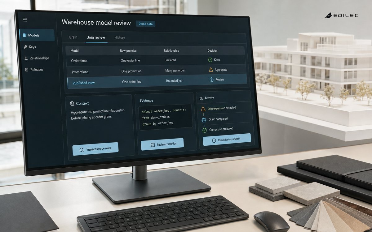 An architecture practice monitor shows a warehouse grain review and a promotion relationship requiring aggregation.