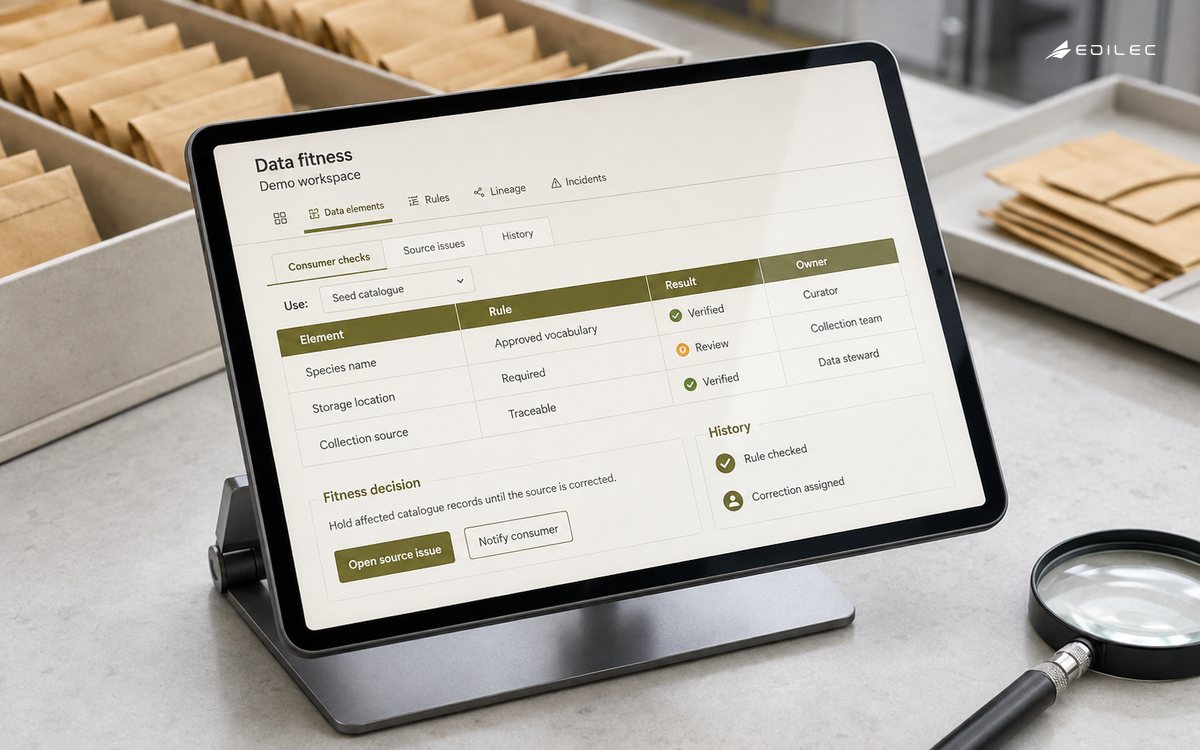 A botanical seed-catalogue tablet shows data fitness rules, source issues and consumer notifications.