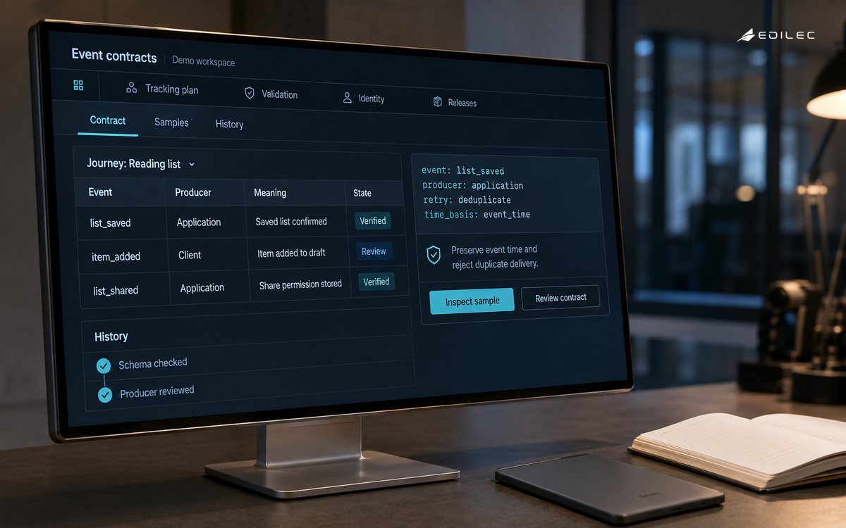 A reading-product lab monitor shows event contracts, producer authority and duplicate-handling rules.