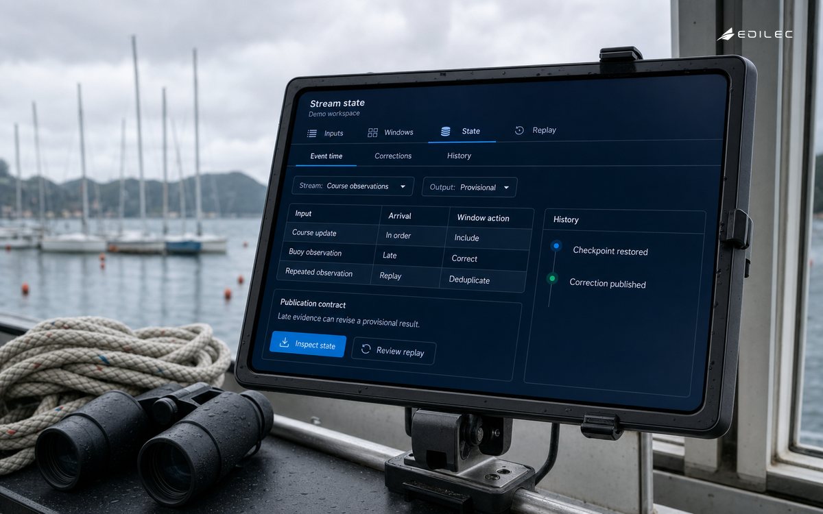 A sailing-club tablet shows provisional stream state, late observations and replay handling.