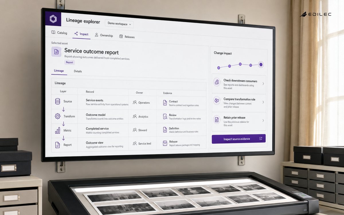 A lineage explorer traces a service report through sources, transformations, metrics, ownership, and releases.