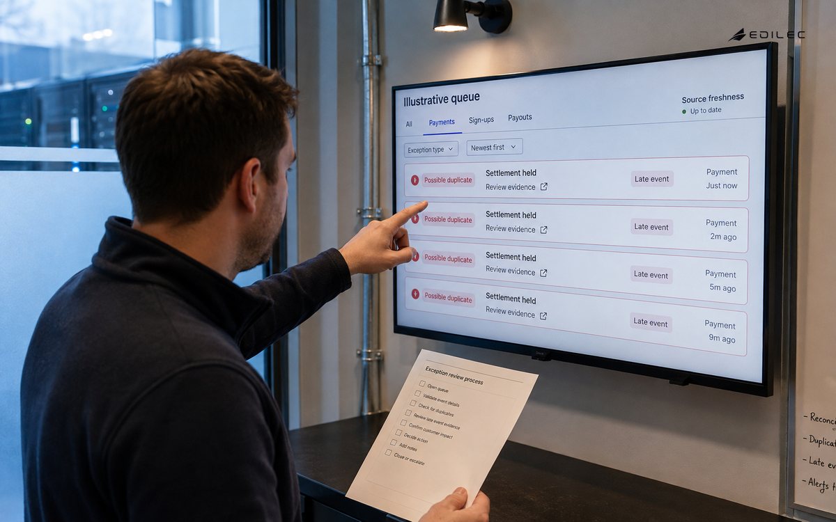 Standing payments analyst reviews a possible duplicate and a held settlement in an exception queue.