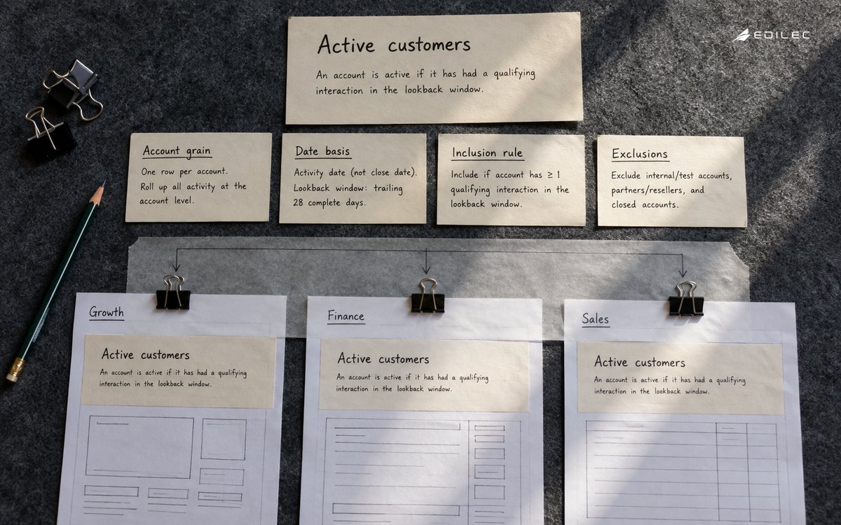 Active-customer definition strips connected to growth, finance and sales output proofs.
