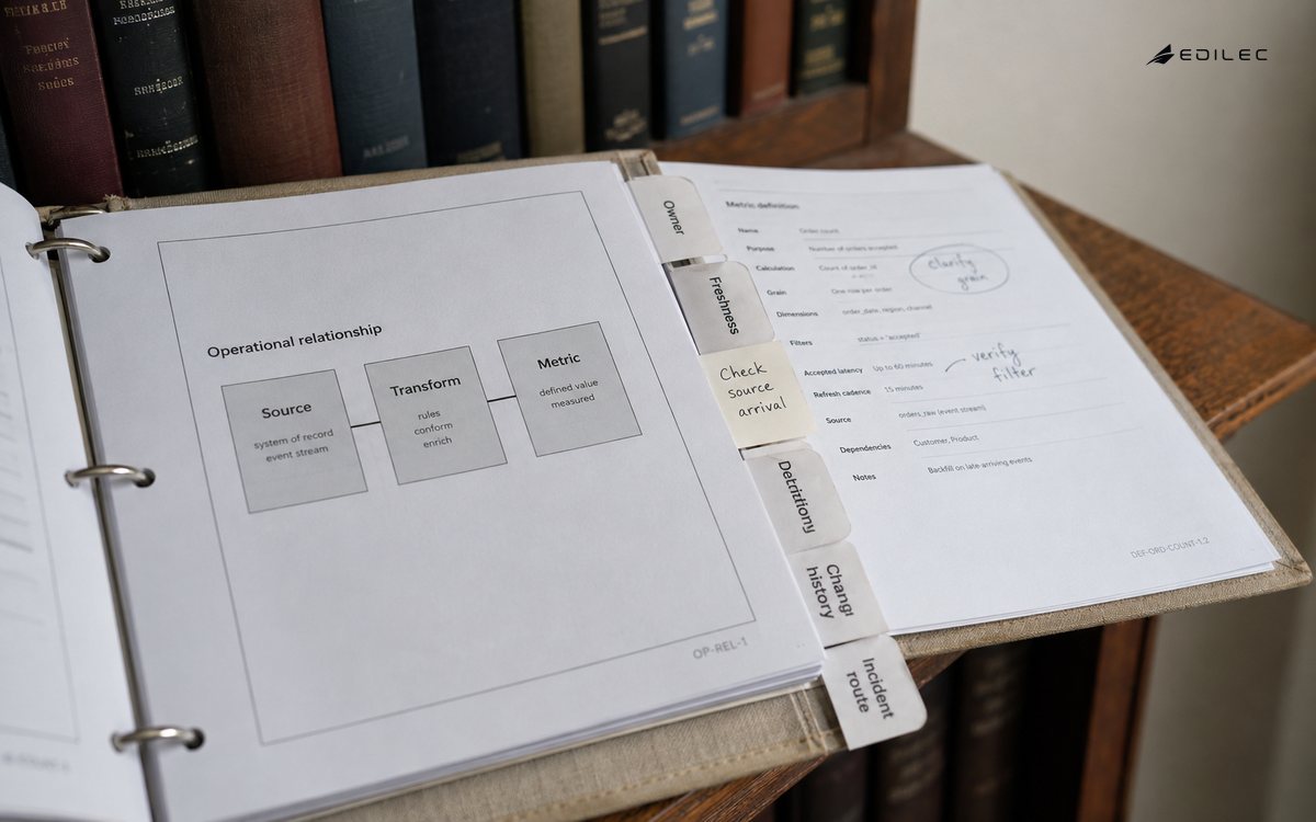 An open analytics runbook connects source, transformation and metric with ownership and freshness tabs.