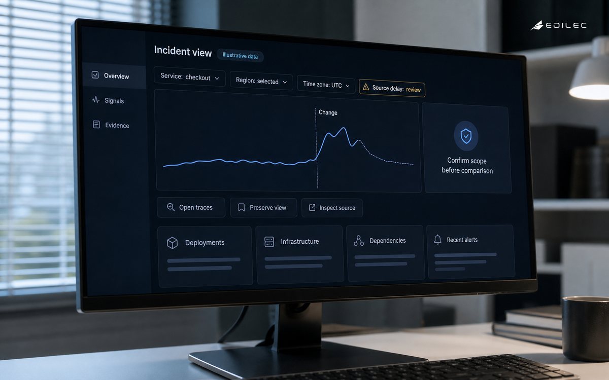 An incident dashboard foregrounds region, time zone, source delay and evidence controls.