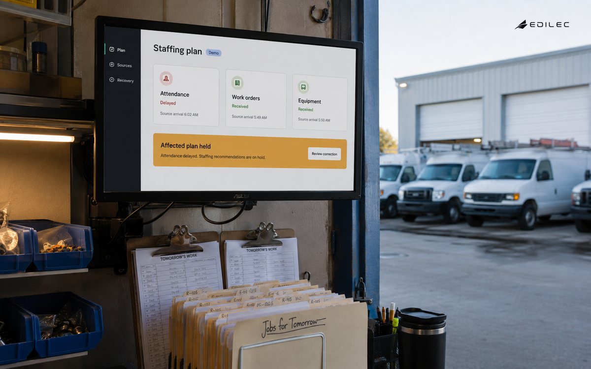 Dispatch display showing a held staffing plan beside service-yard work orders.