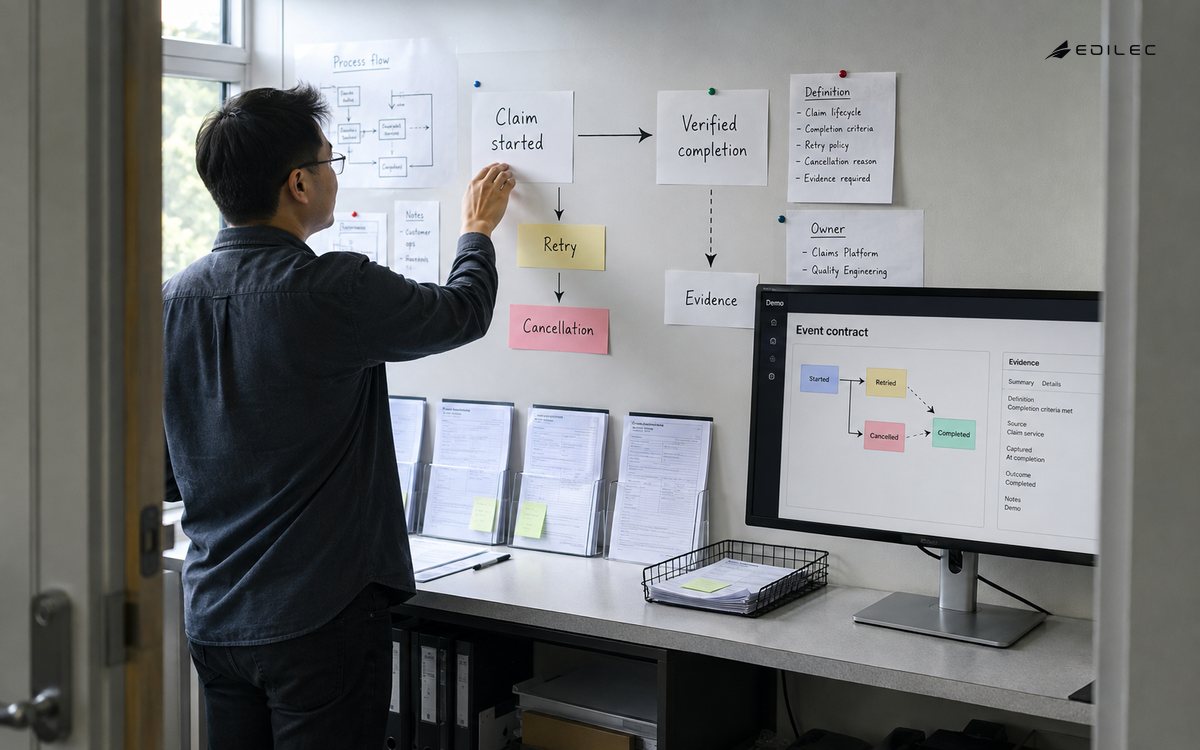 An engineer compares a claim-process wall chart with an event-contract interface in a quality room.