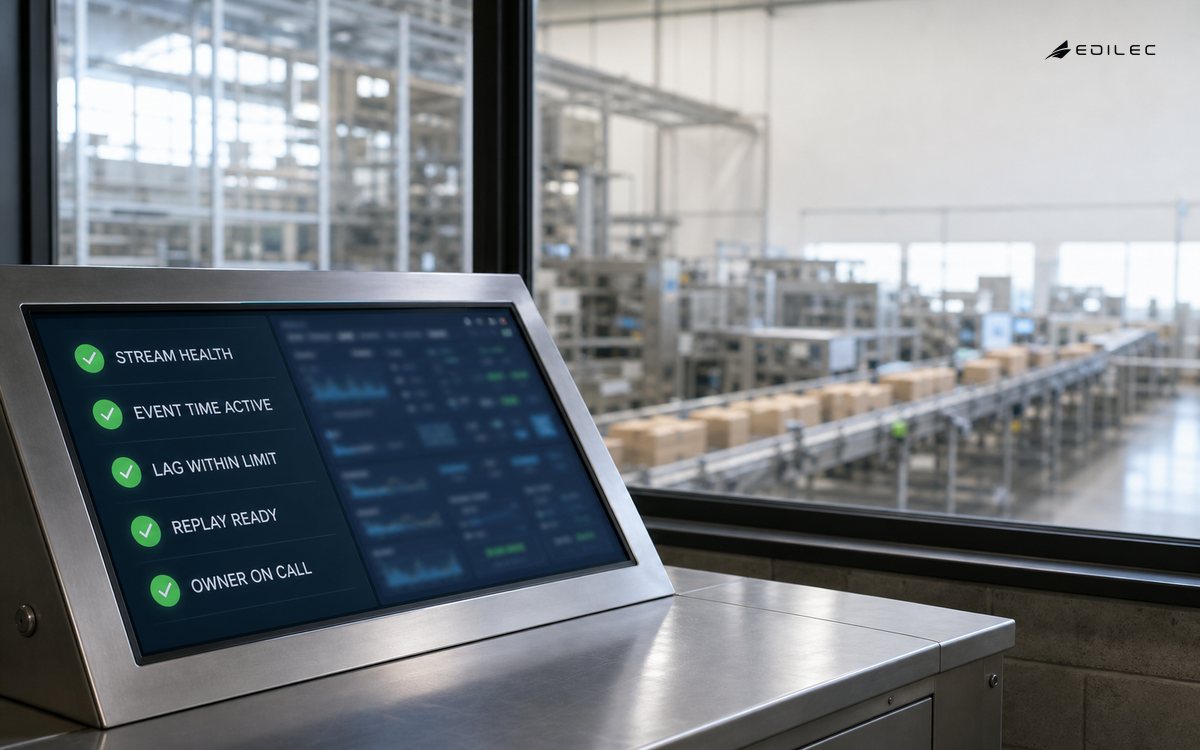 Stream-health screen beside a packaging line showing event time, lag, replay and on-call ownership.