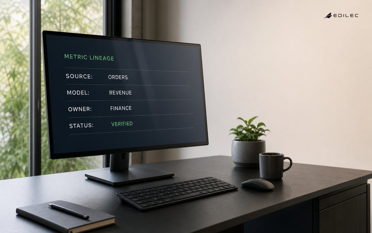 Data-lineage record connecting an orders source to a revenue model, finance owner and verified status.
