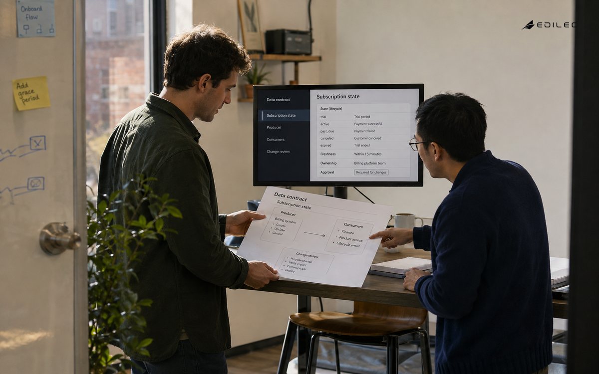 Two founders standing at a compact meeting table compare a printed subscription lifecycle contract with a small ordinary desktop LCD monitor on a metal stand.
