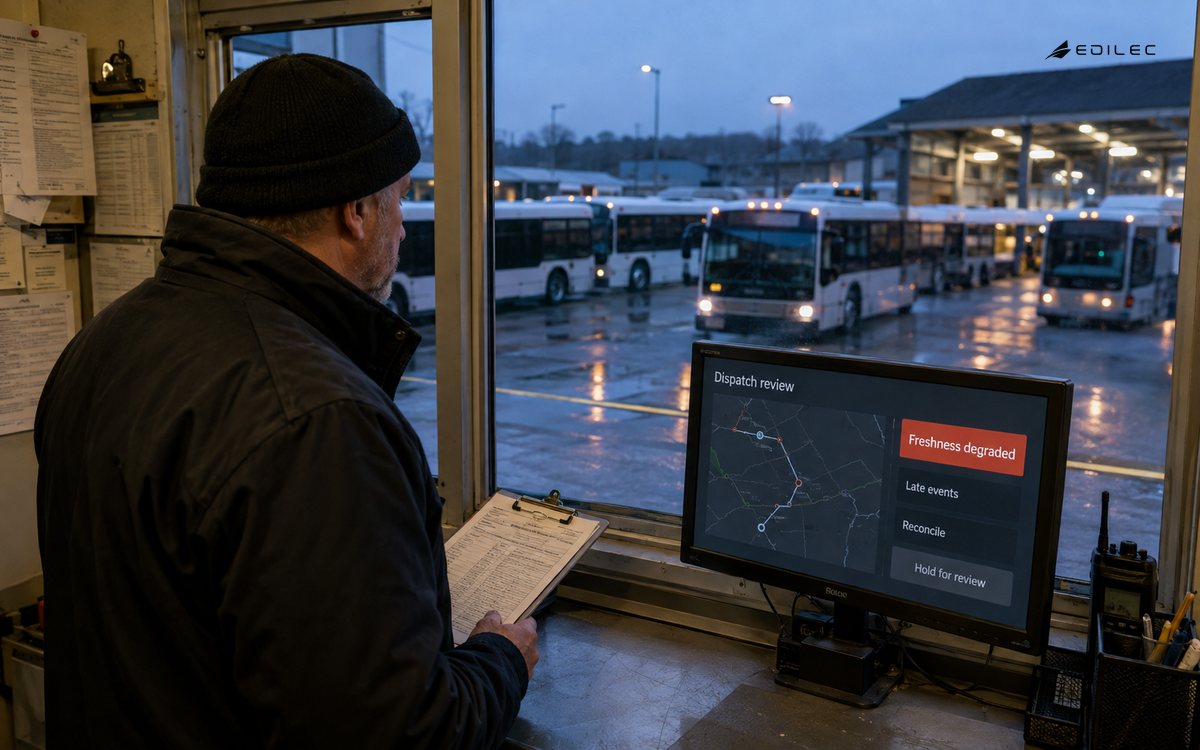 A dispatcher stands by a route clipboard and a modest ordinary LCD terminal bolted to a metal counter, deciding whether incoming event evidence is fresh enough to release a route.