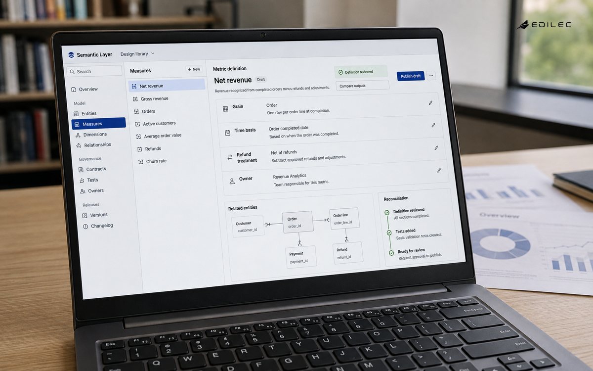 A real laptop at a reading table displays a semantic model inspector; the software occupies about half the frame and the keyboard, hinge and shelves supply photographic context.