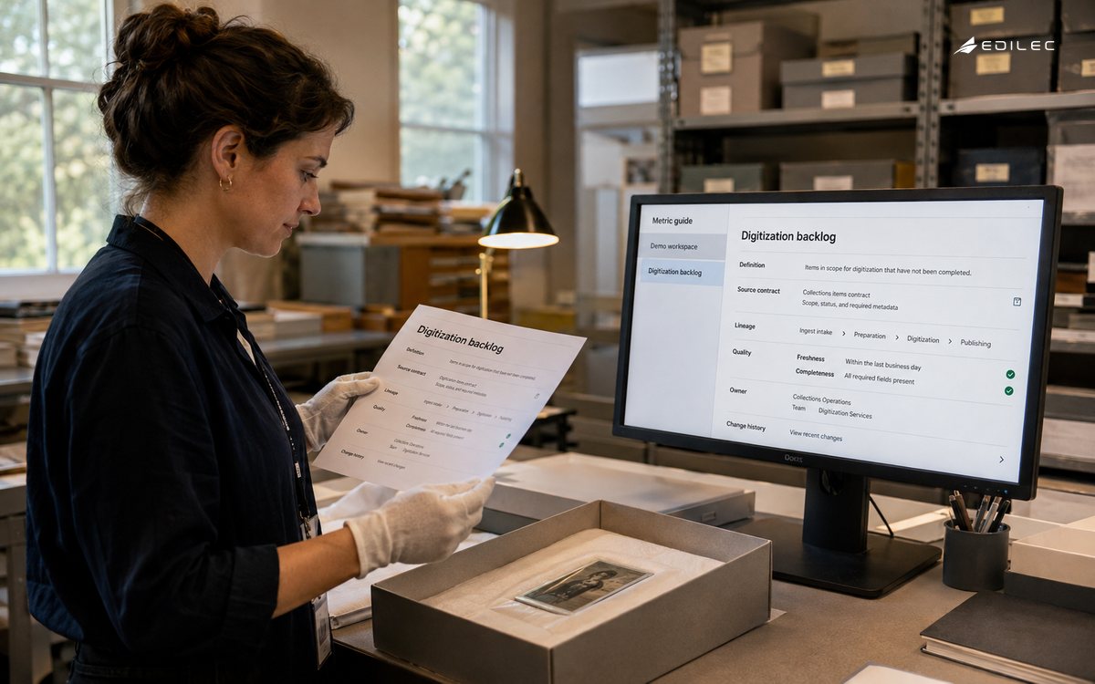 An archive analyst checks documentation linking a digitization metric to its source and owner.