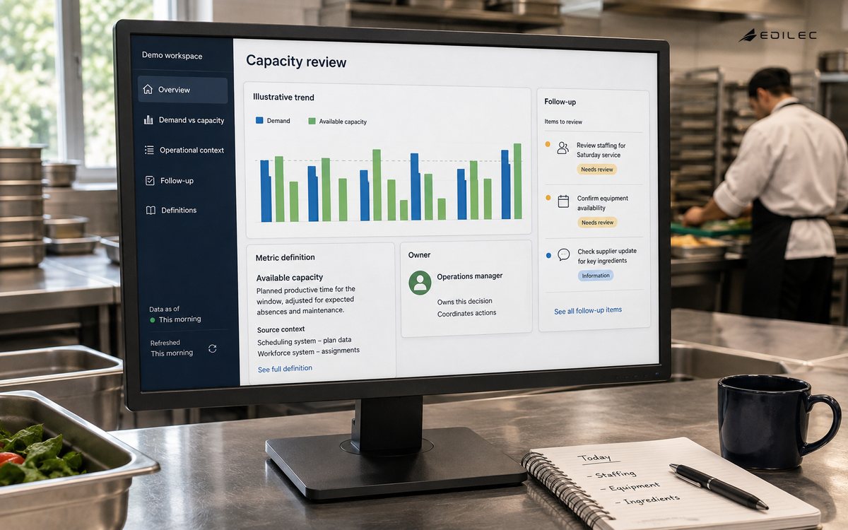 A kitchen planning display links an illustrative demand-capacity view to definitions and follow-up ownership.