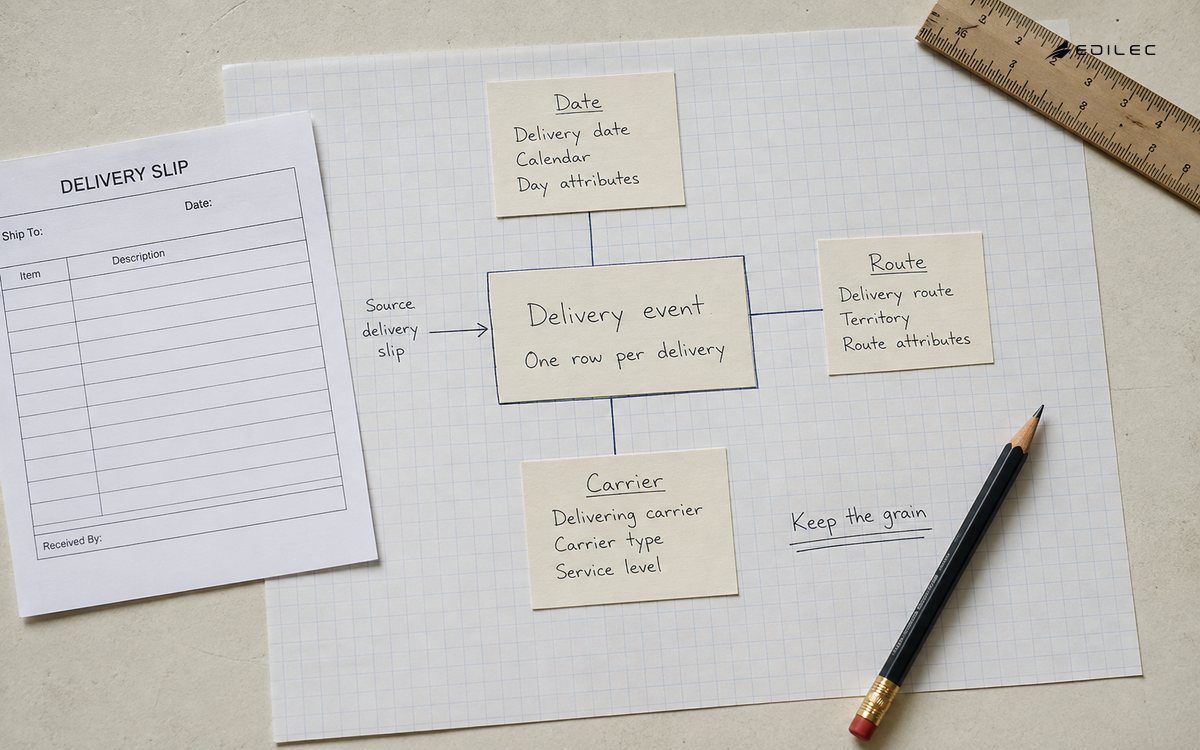 A paper delivery-event model connects one event record to date, route and carrier dimensions.