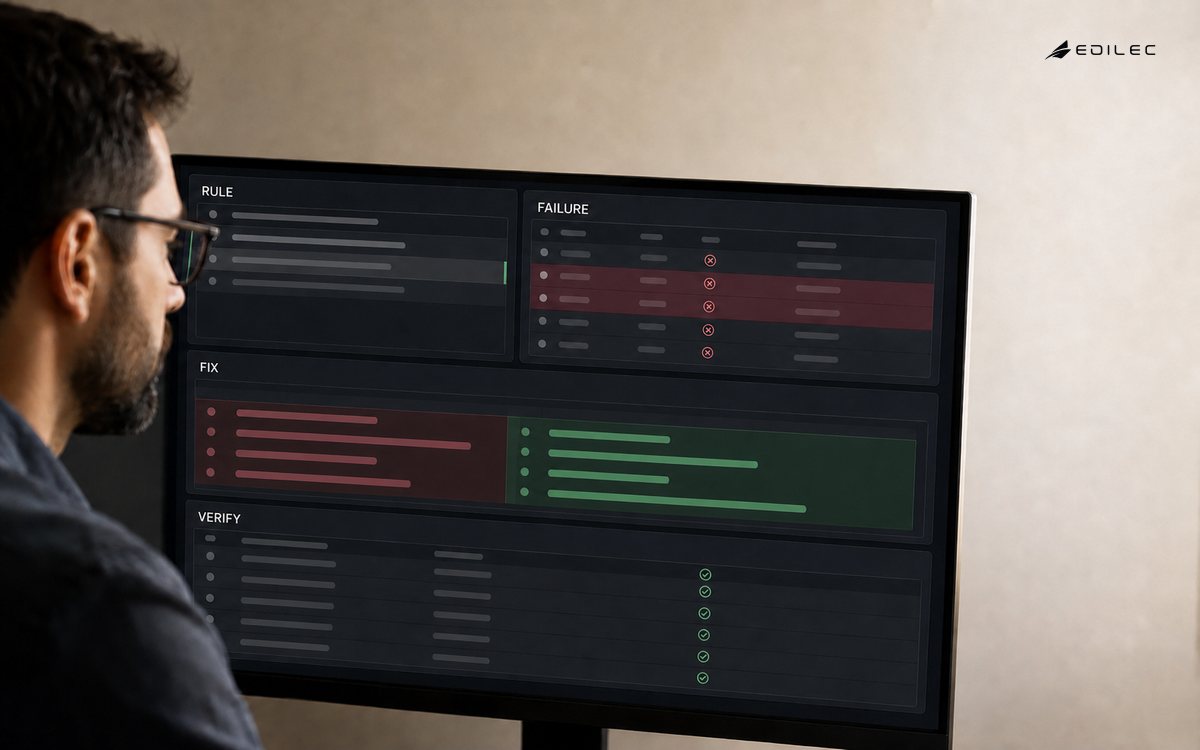 A data-quality application moves a Rule and Failure through Fix and Verify evidence.