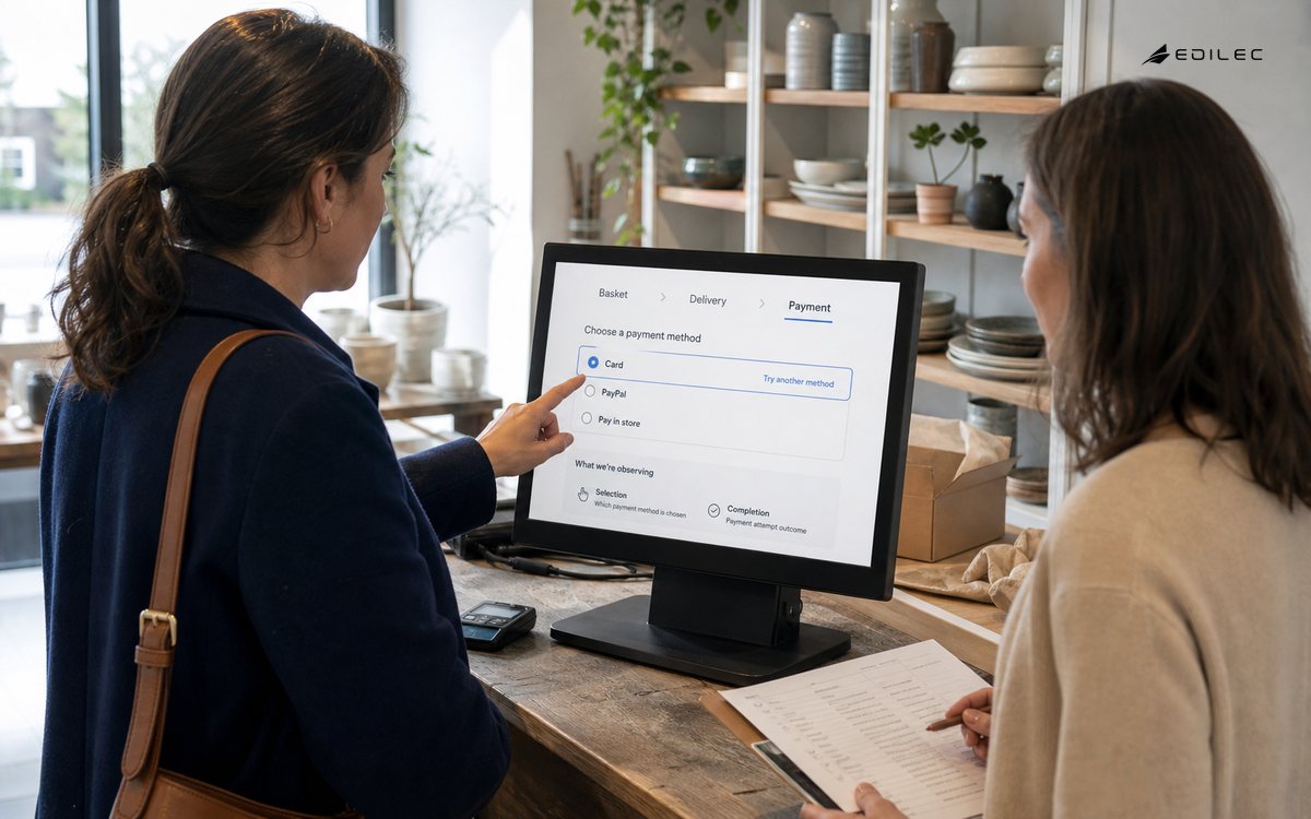 A shopper and researcher observe payment selection and completion at a homewares checkout.