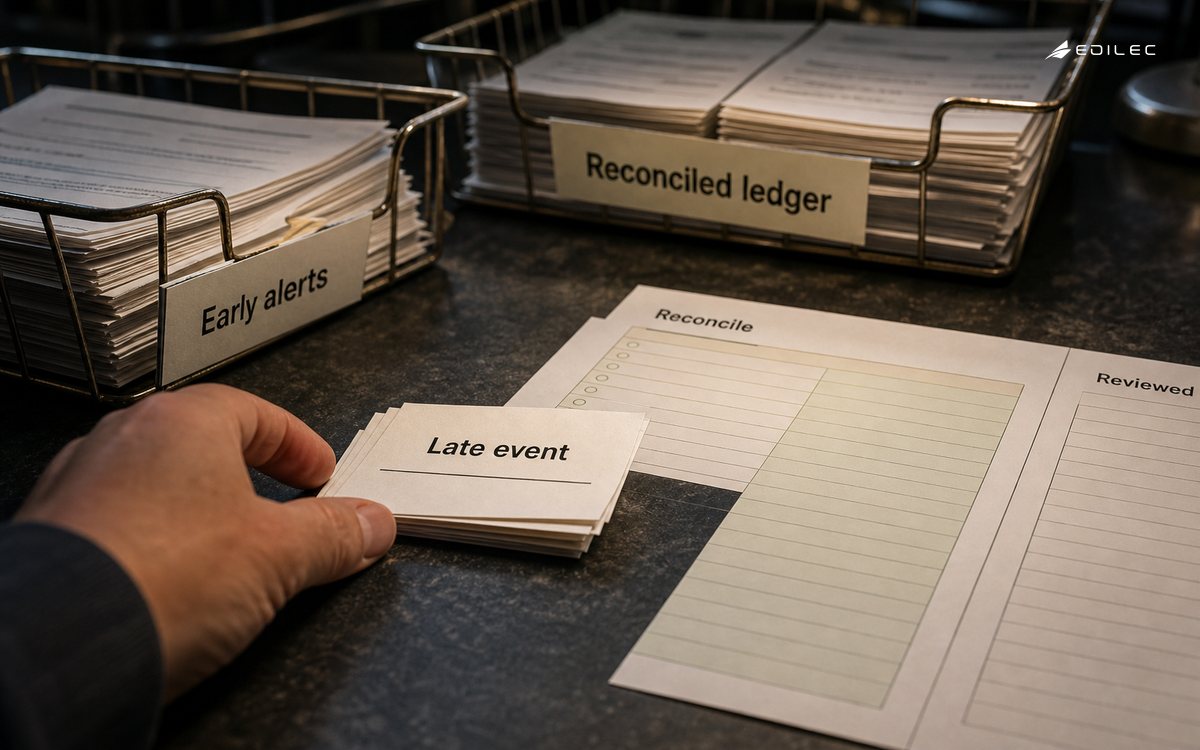 A late-event evidence slip is checked against a reconciliation worksheet beside alert and ledger trays.