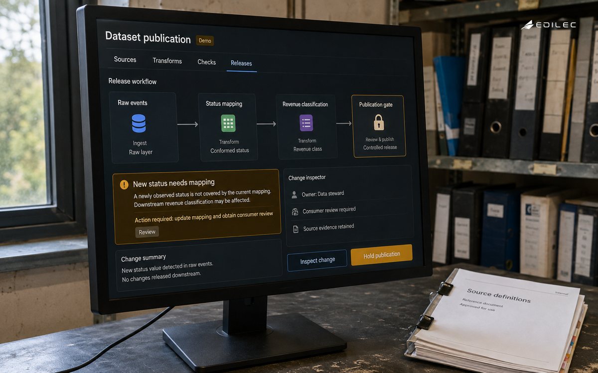 A real monitor shows an ELT publication workflow with a status-mapping review beside source-definition notes.