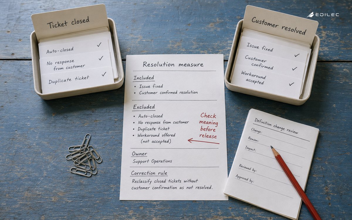 Support-case cards and metric definition sheets distinguish ticket closure from customer resolution.