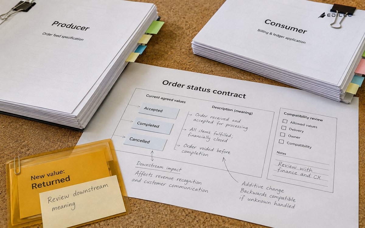 Producer and consumer review packs hold an order-status change aside for compatibility review.